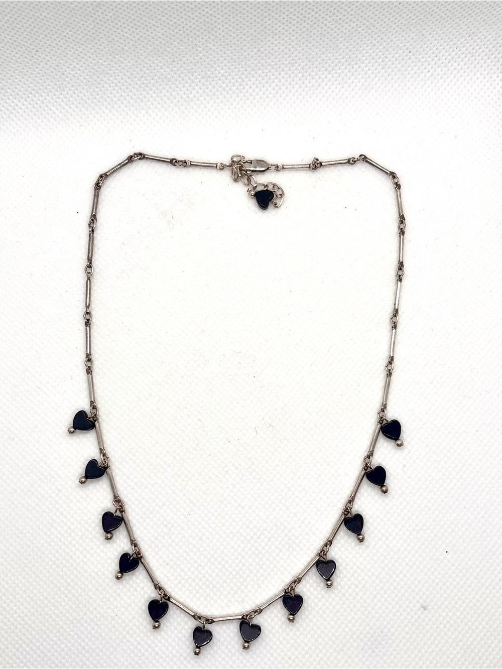 Vintage 925 Sterling Silver liquid bar necklace with Onyx Hearts